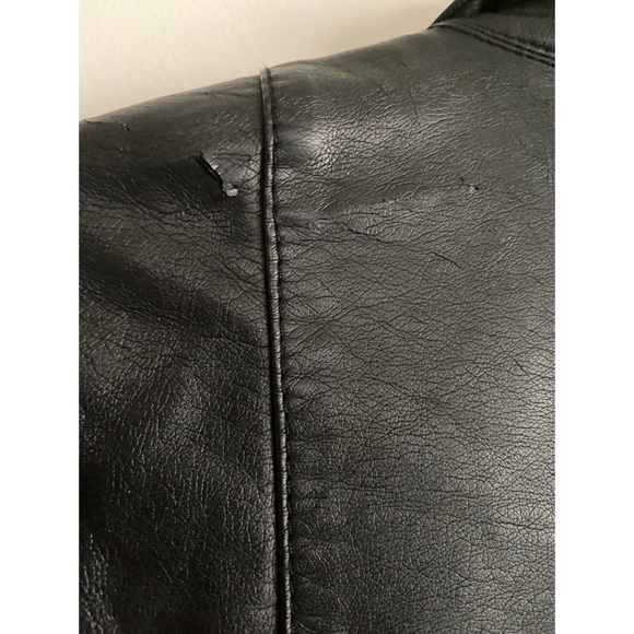 Inked & Faded Faux Leather Button Up Bomber Jacket with Knit Inner Sleeves  - L - Picture 9 of 11